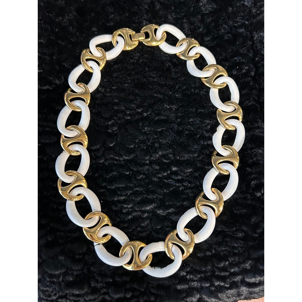 Vintage Napier White Enamel Gold Tone Chunky Link Statement Necklace‎ 20 Inch